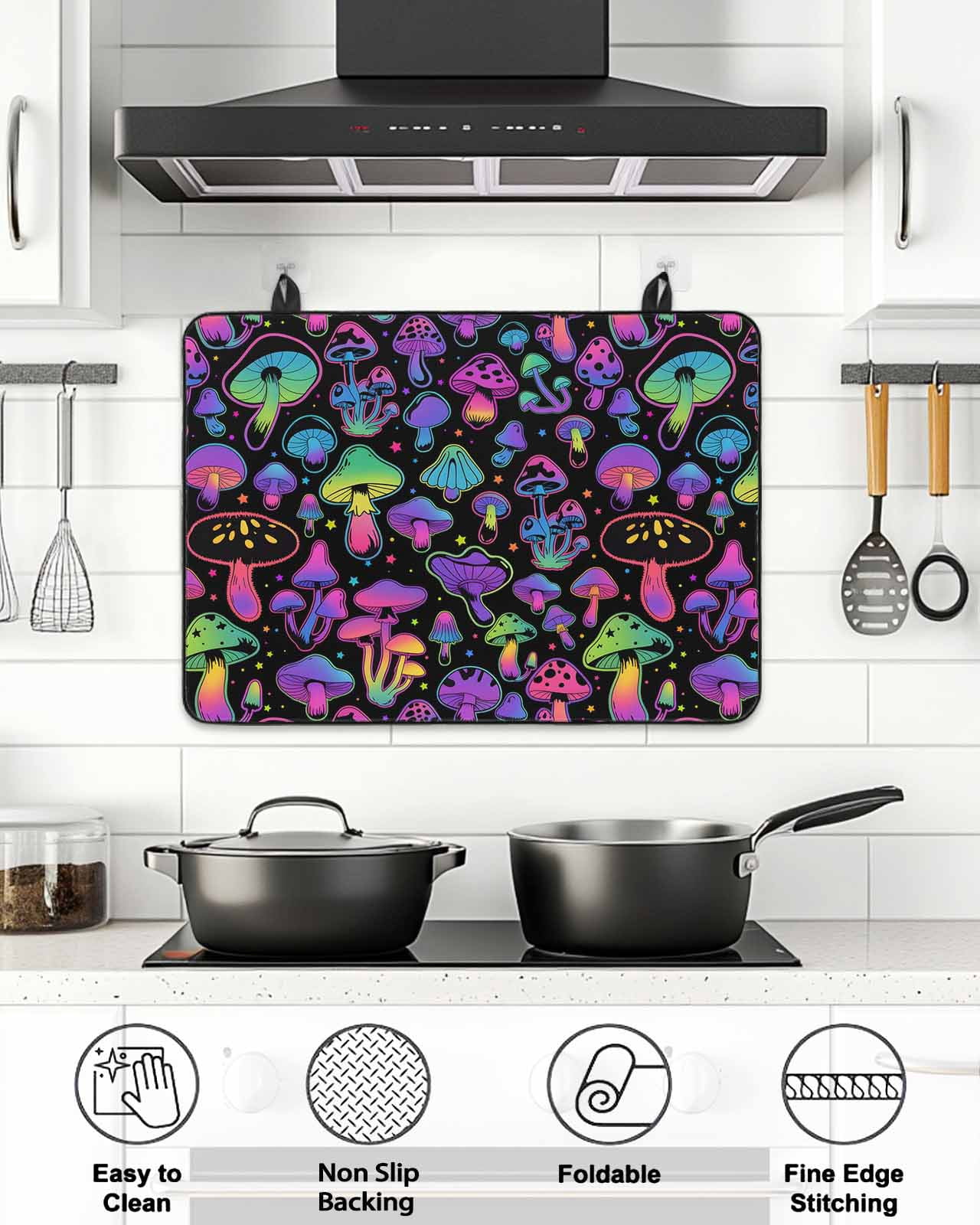Stove Top Covers for Electric Stove, Purple Green Mushroom Glass Stovetop Cover Protector, Abstract Art Botanical Gradient Induction Cooktop Protector Oven Mat for Kitchen Countertop 24"x21"