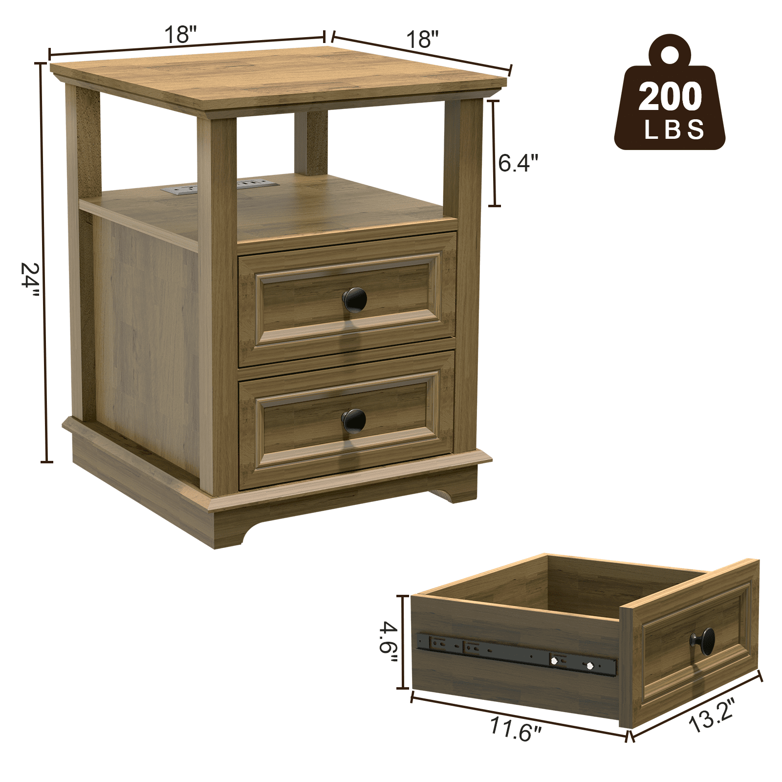 FAGAGA End Table with 2 Drawers, Wooden Nightstand with Charging Station for Bedroom, Light Brown