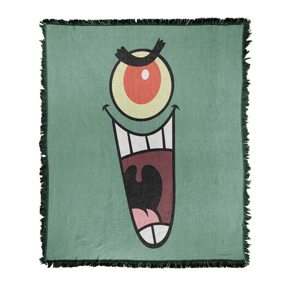 Spongebob Blanket, 50"x60" Plankton Face Woven Tapestry Cotton Blend Fringed Throw Blanket