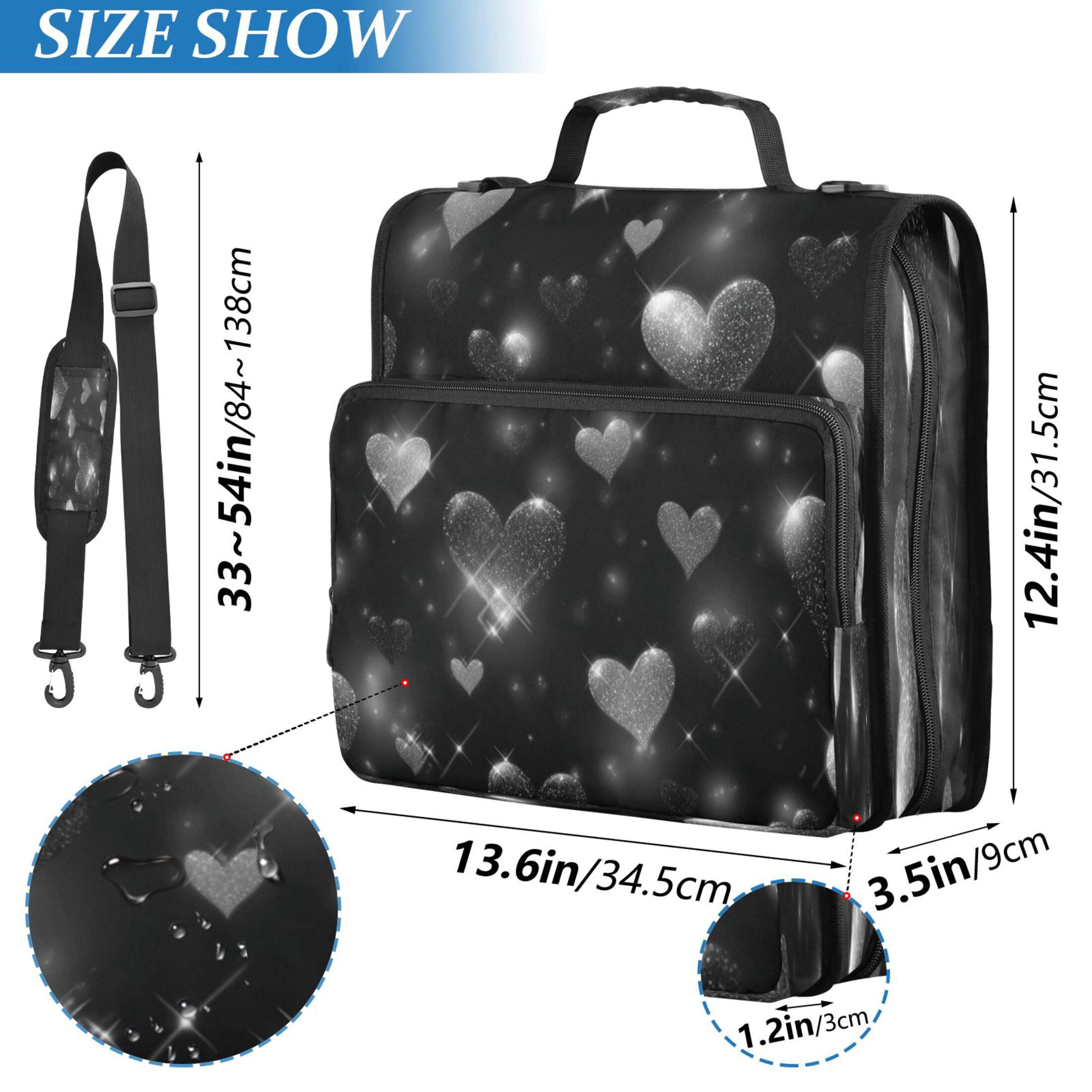 3 Ring Zipper Binder Stationery Organizer for Study Work Home Travel, All-Purpose File Folder Storage Bag for Daily Document Organization Stardust Hearts on Black