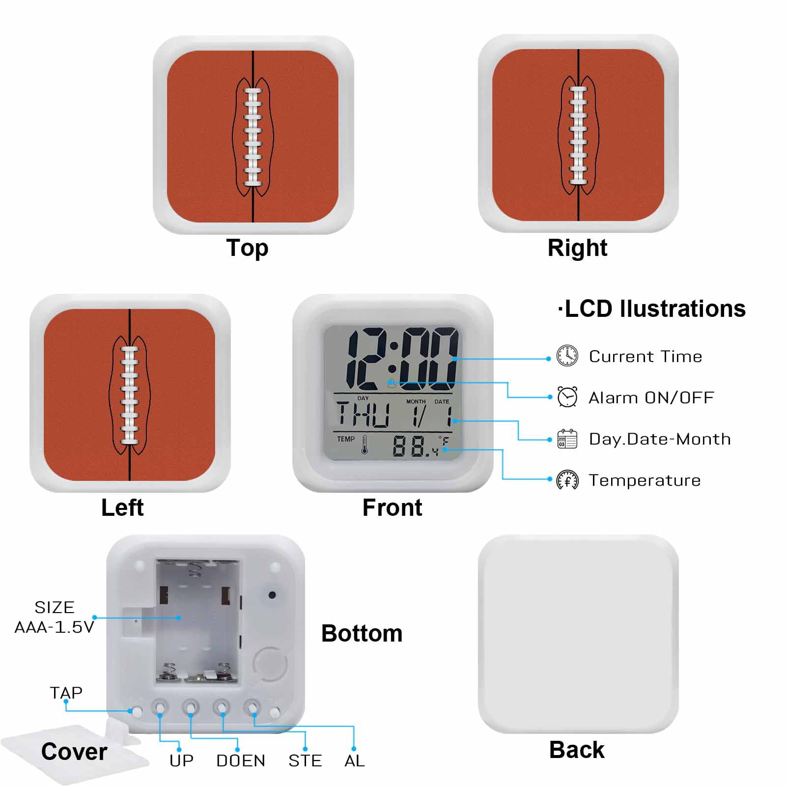 Alarm Clocks American Football Digital Clock 7 Color LED Night Light Silent Non-Ticking Battery Operated Retro Fur Texture Sports Cube Clocks Decorative for Bedroom Bedside Living Room Office School