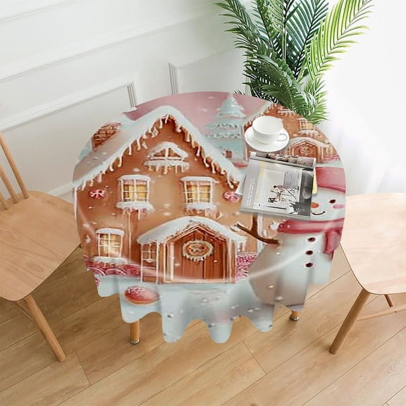 RKSupls 60 Inch Round Tablecloth, Gingerbread House Snowman Premium Polyester Straight Edge Wrinkle Resistant Washable Table Cover for Party Home Dining Decor