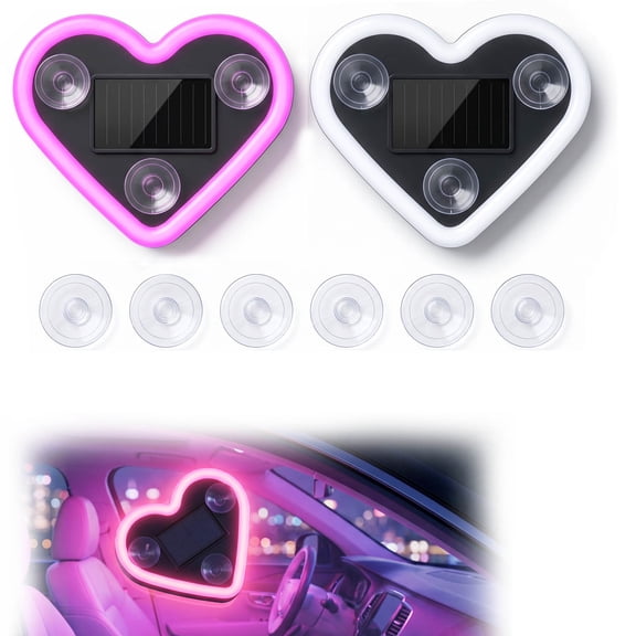 2PCS Car LED Ambient Light, Solar Heart Lights for Car Window, 5 Lighting Modes, Romantic Heart-Shaped Ambient Light for Car, Outdoor Decor, Ideal Gift for Couples, Women, Men