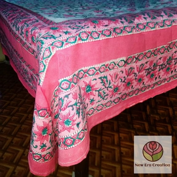 Printofab Pink & Green Indian Floral Hand Block Printed Cotton Cloth Tablecloth,Farmhouse Wedding Christmas,Housewarming Gift for Mom