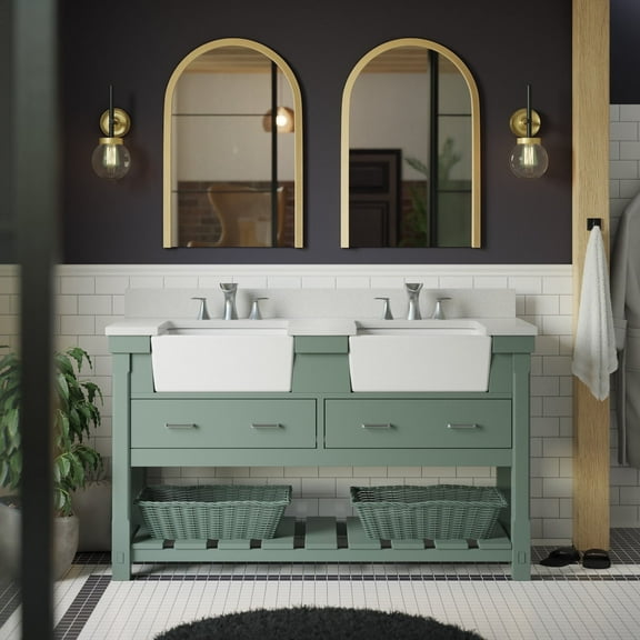 Charlotte 60" Double Farmhouse Bathroom Vanity with Sage Green Cabinet and Quartz Top