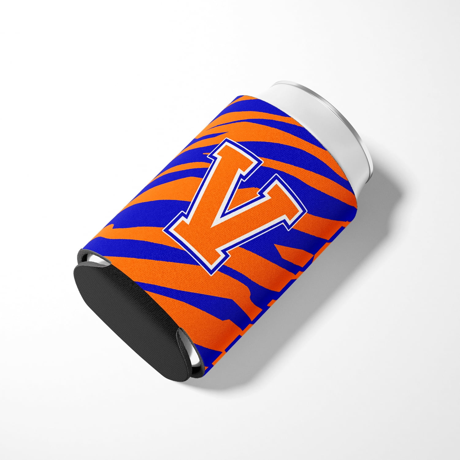Letter V Initial Tiger Stripe - Blue Orange  Can or Bottle Hugger