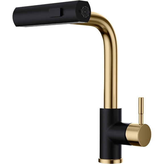 Black and Gold Kitchen Faucet with Pull Down Sprayer, Waterfall 15“ High Single Handle Kitchen Sink Faucets