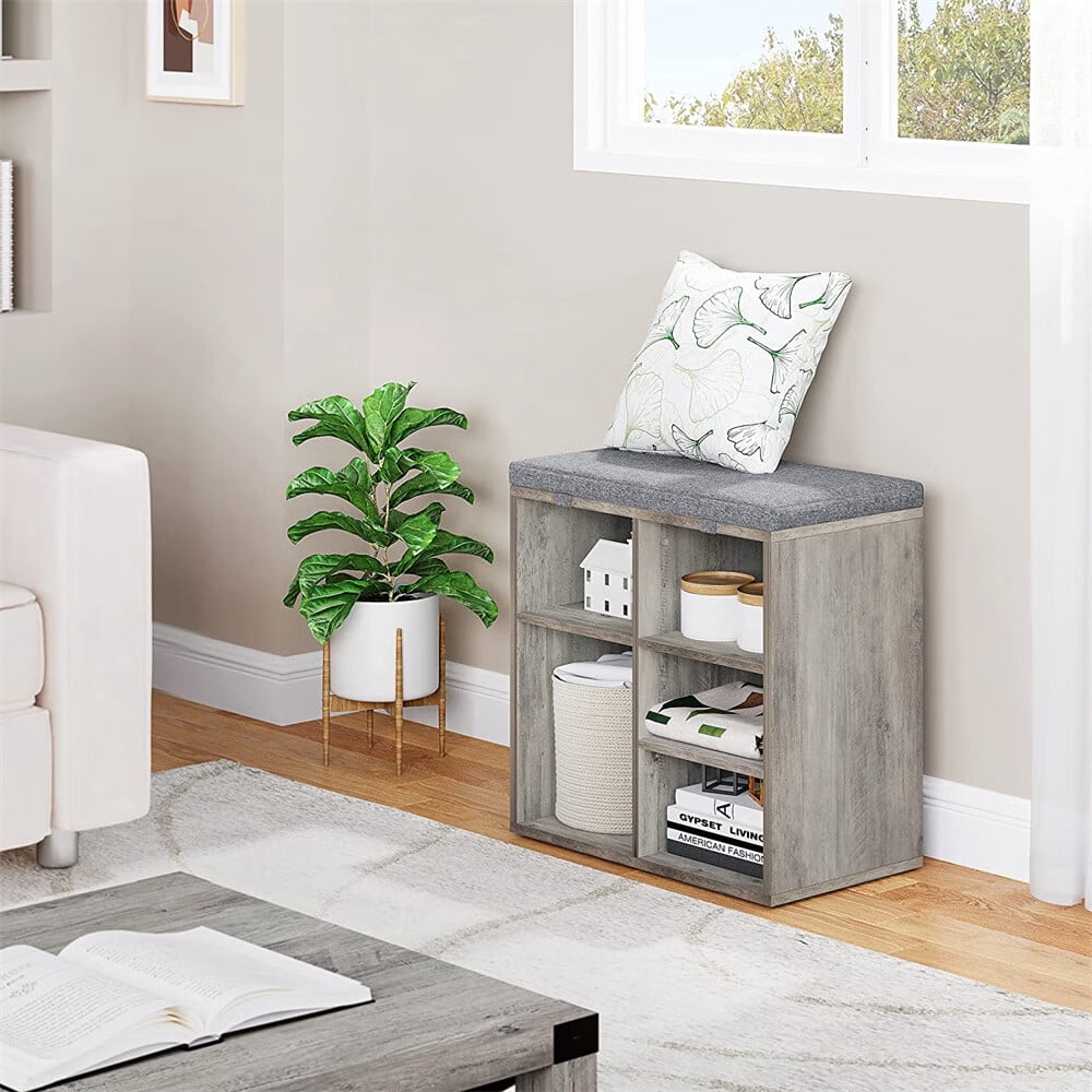 3 Tiers 5 Cube Wood Shoe Bench with Foam Padded Seat Cushion & Side Pocket Shoe Rack