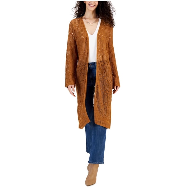 Hooked Up by IOT Womens Pointelle Bell Sleeve Duster Cardigan Sweater, rustcopper, Juniors, S