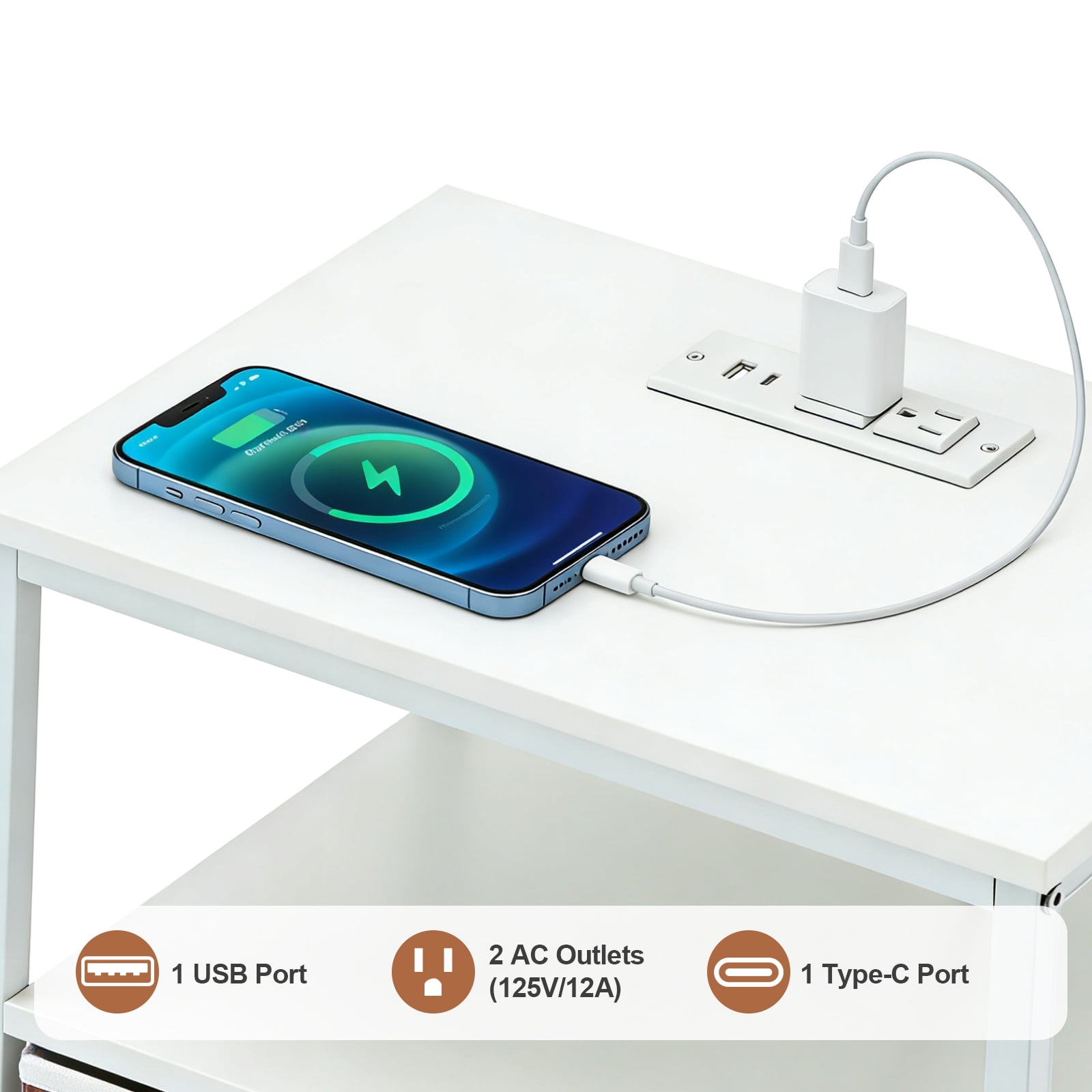 Beddle Nightstand with Charging Station, LED Bedside Table with 1 Fabric Drawer, 3-Tier End Table for Bedroom, Living Room, White