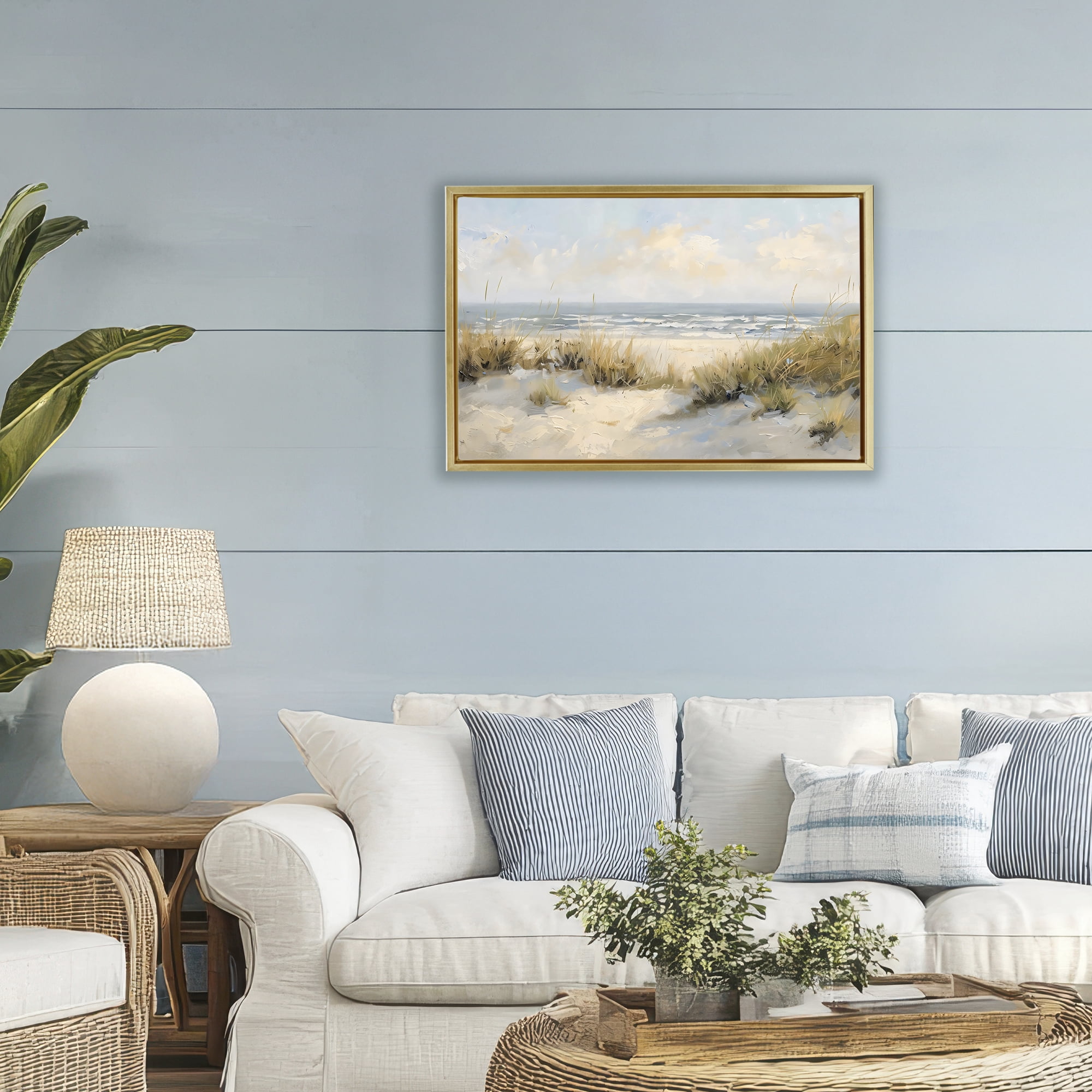 Stupell Industries Coastal Birds Over Dunes Gold Framed Floater Canvas Wall Art, design by Creative Studio