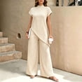 thumbnail image 4 of Women's 2 Piece Outfits Lounge Sets Women Spring And Summer Solid Color Irregular Tops Wide-Leg Pants Suit Beige L, 4 of 6