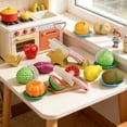 thumbnail image 6 of BUTOMKY Pretend Play Kitchen Cutting Food Toys Set for Toddlers, Wooden & Plastic Fruit Vegetable Kit with Tableware, Early Educational Pretend Play Gift for Kids Boys Girls, 6 of 6
