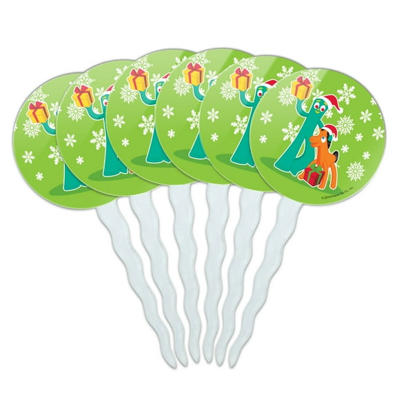 Gumby and Pokey Exchanging Gifts For Christmas Cupcake Picks Toppers Decoration Set of 6