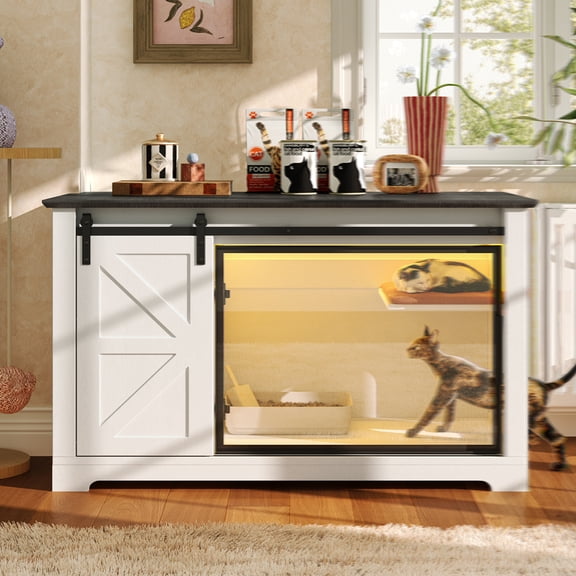 46 Inch Farmhouse Cat Litter Box Enclosure with Sliding Barn Door, White Hidden Litter Box Cabinet with Acrylic Door & LED Light, Cat Washroom Furniture with Storage Shelves for Living Room