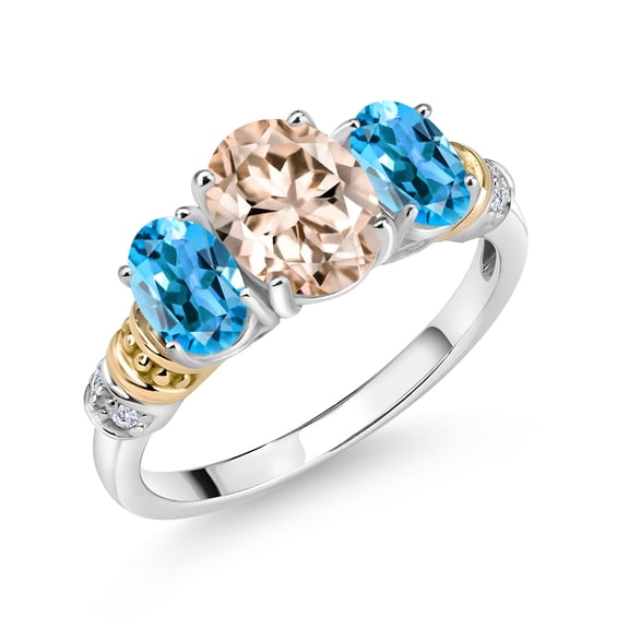 Gem Stone King 925 Sterling Silver and 10K Yellow Gold Oval Peach Morganite Swiss Blue Topaz and White Diamond 3 Stone Ring for Women (2.13 Cttw, Gemstone October Birthstone, Size 8)