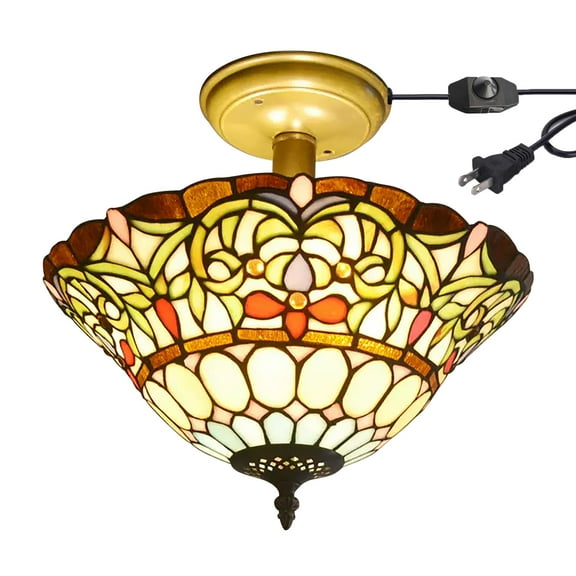 Kiven 13.8in Flush Mount Ceiling Light Fixture Dimmable, 3-Light Anti Glare Close to Ceiling Light with 15FT Plug-in Cord, Tiffany-Style Glass Chandelier for Bedroom Kitchen Hallway(No.3199)