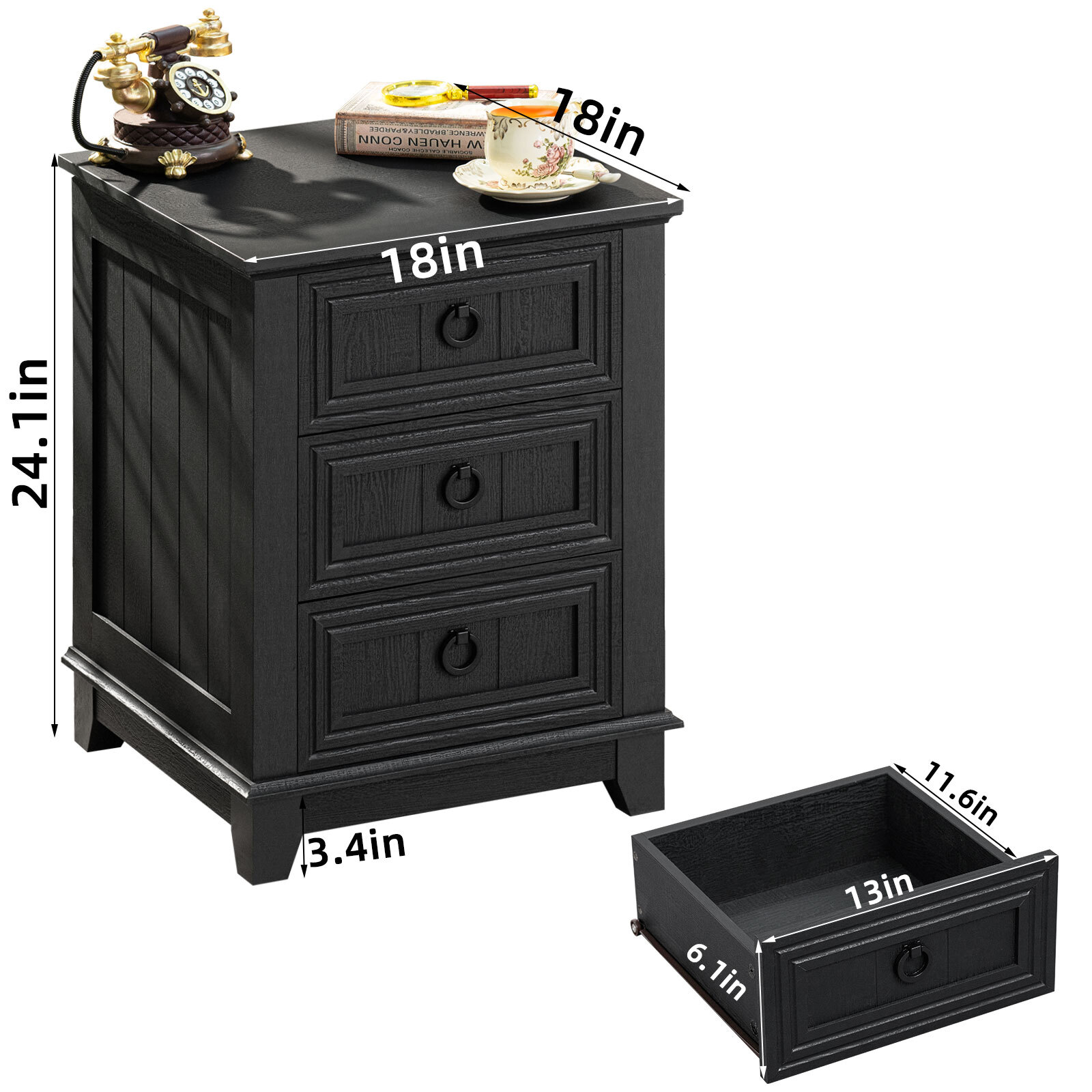 Joaxswe Nightstand, Modern 3 Drawer Nightstand, Black Nightstand with Ring Handle, Wooden Side Table Storage Cabinet Unit for Bedroom/Living Room