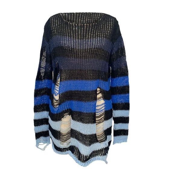 Amidoa Blue Sweaters for Women Long Sleeve Crochet Ripped Striped Gothic Long Sweaters Womens Sweaters Free Size