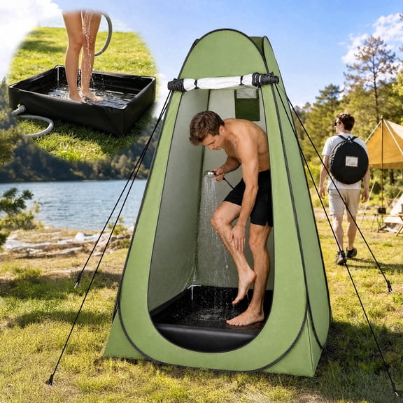 RELOIVE Shower Tent with Water Basin,Pop Up Changing Tent,Portable Camping Privacy Tent,Toilet Tent with Carry Bag for Beach, Camping, Hiking,Military,Green