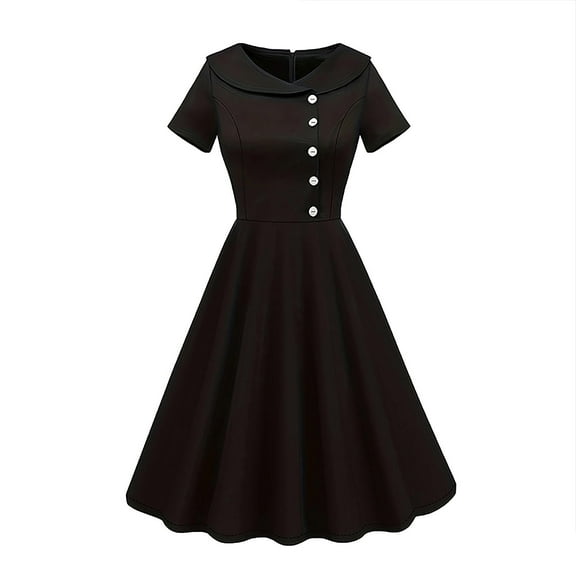Zpanxa Short Sleeve Dress Women Vintage Button Down Round Neck Elegant A Line Day Dress Classic Style