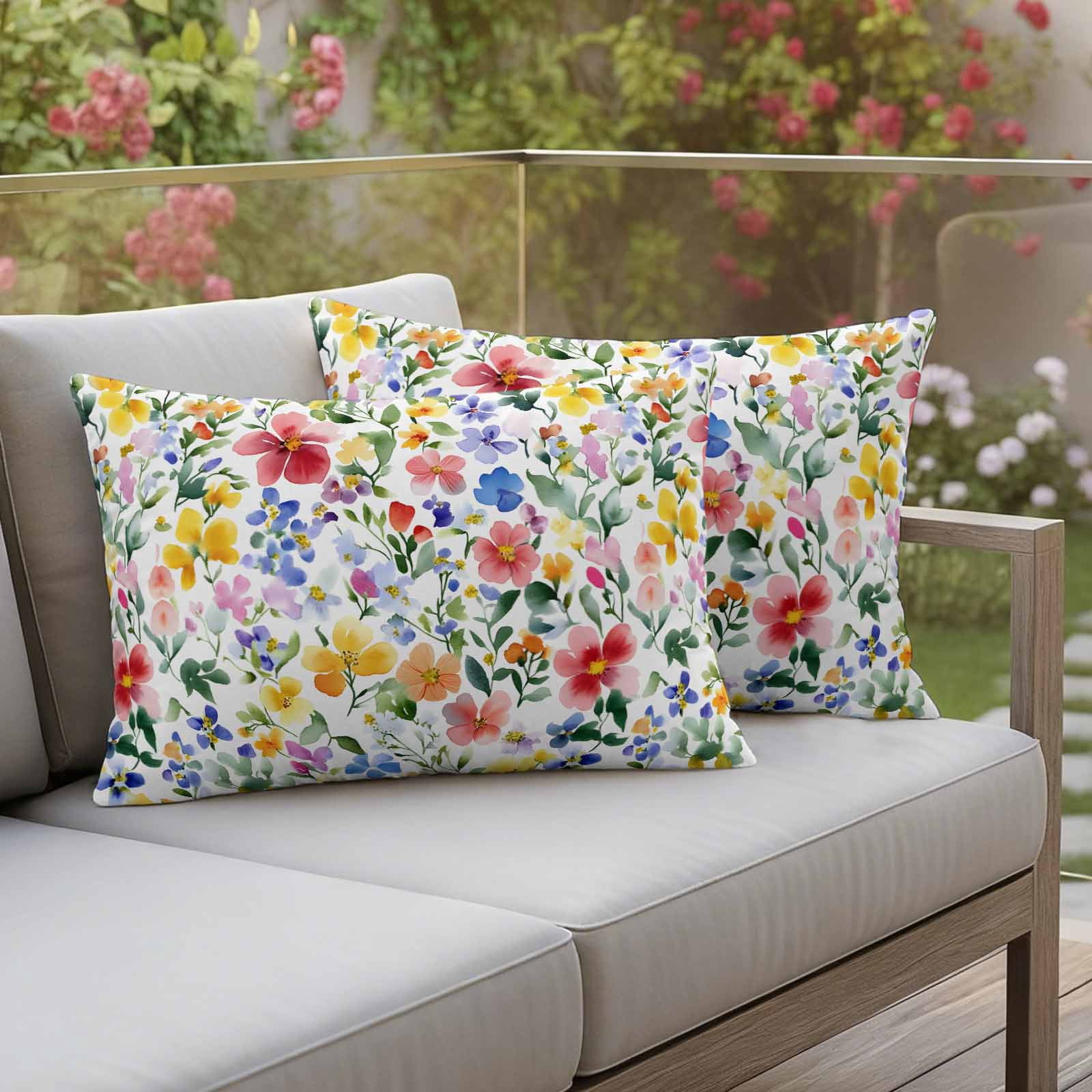 Spring Floral Pillow Covers 2 Pack Gradient Blue Pink Yellow Flower Romantic Farmhouse Pillowcase Waterproof Outdoor Throw Pillow Cover for Patio Balcony Rectangular Cushion 20”x12”