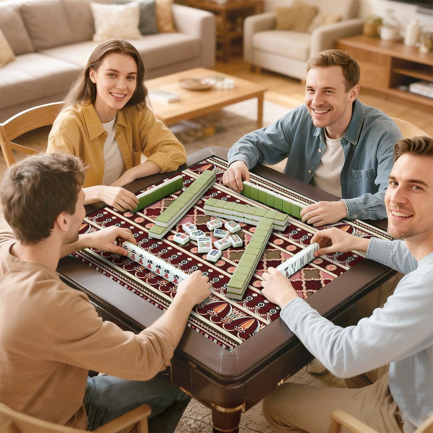 Extra Large Boho Pattern Anti-Slip Playing Surface 31.5 Inch Square Rubber Mahjong Mat with Noise Reduction for Chinese Tiles and Family Game Nights