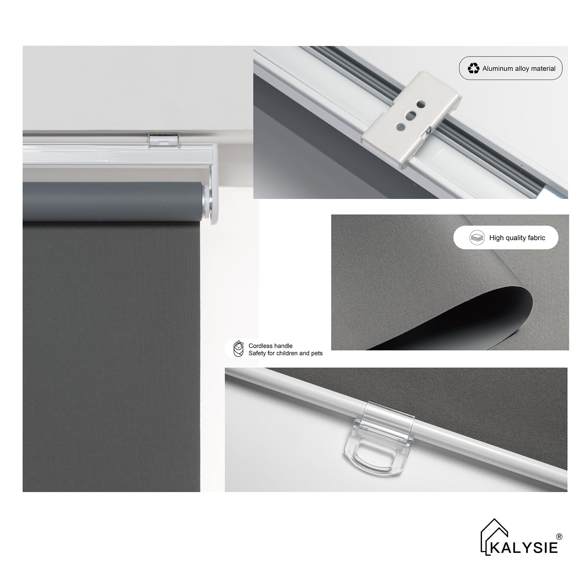 KALYSIE Cordless Roller Shades 100% Blackout Blinds for Windows and Doors, Pull Down Room Darkening Window Shades, Easy to Install for Home and Office, Grey, Fixed 75 Inches High, 39 Inches Width