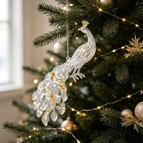 Lypsnake Clear Acrylic Sequins Christmas Ornaments,Transparent Peacock Shape Xmas Tree Decor,Reflective Animal Figurine for Christmas Tree Window Decor