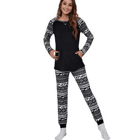 

Womens Christmas Pajamas Set Casual Loose Long Sleeve Tops Pants Plaid Check Loungewear Xmas Elk Pijama Sleepwear PJs 2pcs Outfit Ladies Casual Jogger Sets Nightwear with Pockets