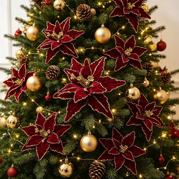 6 Pcs Christmas Poinsettia Artificial Flowers Christmas Decorations Shining Glitter Artificial Flower for Xmas Tree Wreath Ornaments New Year Wedding Party Holiday DIY Decoration