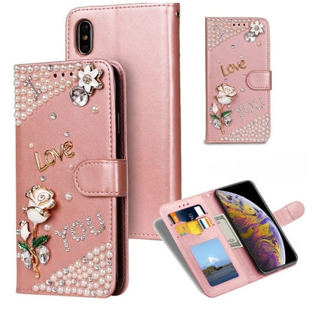 Crystal Magnetic Closure MINI-FACTORY iPhone XR Case Bling Glitter 3D Diamond Crystal Rose Flip Leather Wallet Floral Pearl Cover with Magnetic Closure Card/Cash Slots for iPhone XR - Rose Gold ()