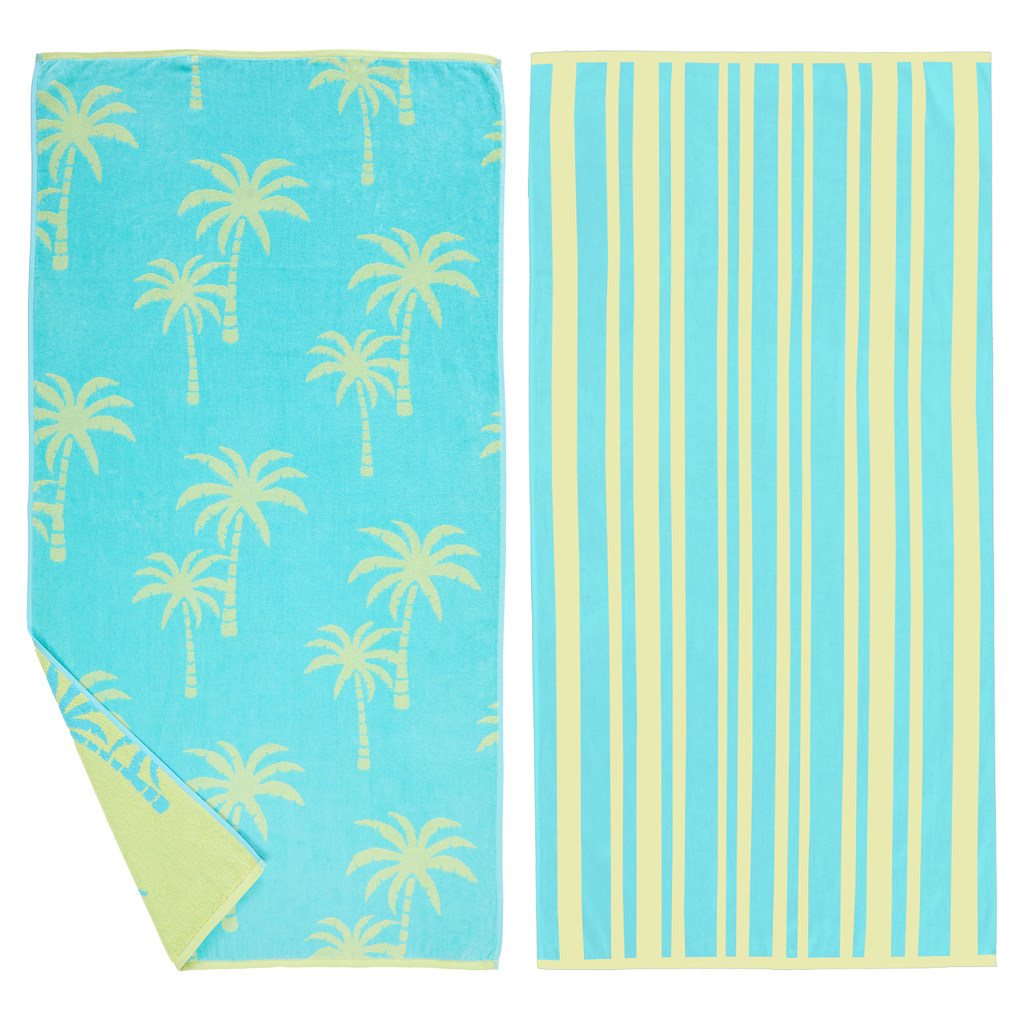 Great Bay Home Cotton Printed 2Pack Beach Towel (2 Pack 30" x 60", Palm Tree Blue / Yellow