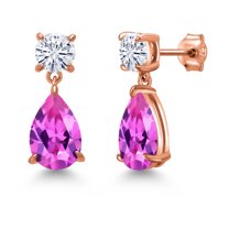 Gem Stone King 18K Rose Gold Plated Silver Pink Created Sapphire and White Moissanite Earrings for Women | 8.86 Cttw | Gemstone September Birthstone | Pear Shape 12X8MM