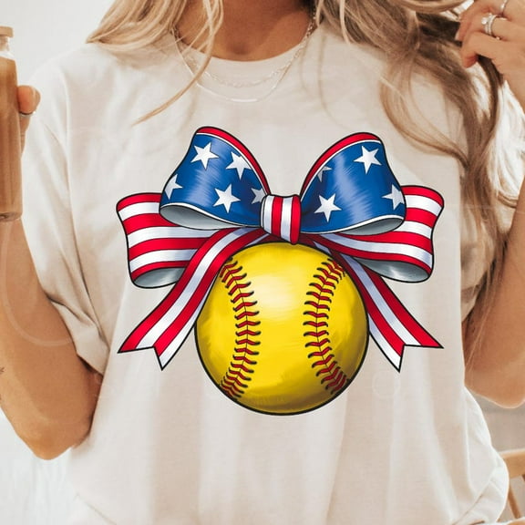 Patriotic Softball T-Shirt, USA Flag Bow Softball Tee for 4th of July, Cute Red White Blue Shirt for Women and Sports Moms, Game Day Outfit