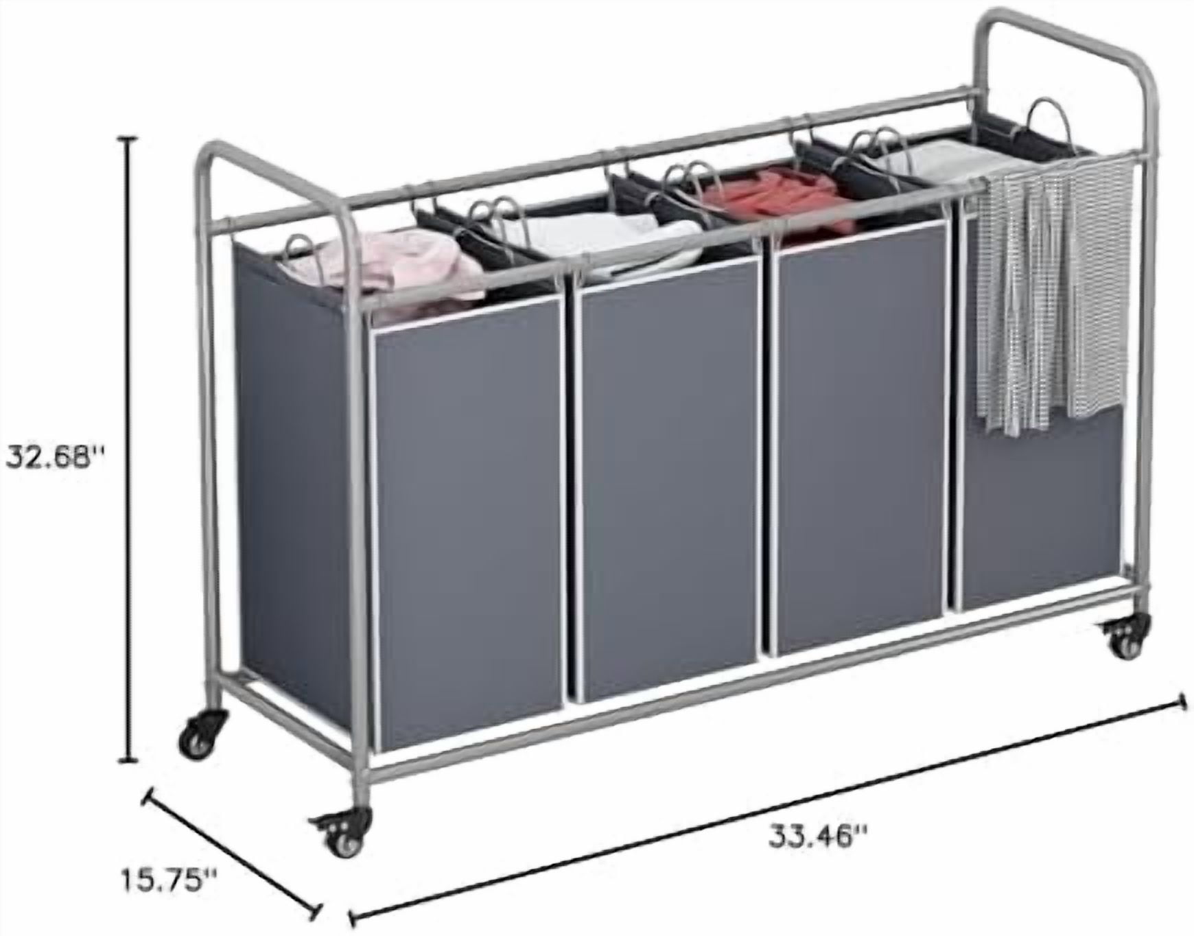 Laundry Basket, 4-Bag Laundry Hamper, Grey Laundry Sorter with Heavy Duty Lockable Rolling Wheels, Laundry Room Organization with Removable Bags Basket Separator for Dirty Clothes Storage