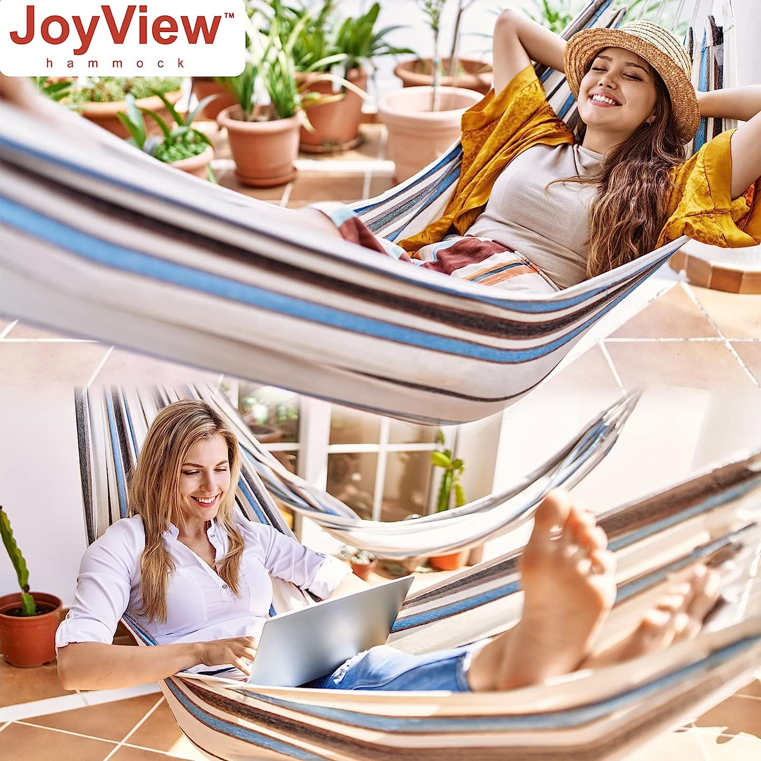 Brazilian Hammock for Single Person Portable Hammock with Hanging Ropes & Carry Bag Large 78.8x39.4” for Patio 300LBS Capacity Perfect for Outdoor/Indoor - Blue & Green Stripes