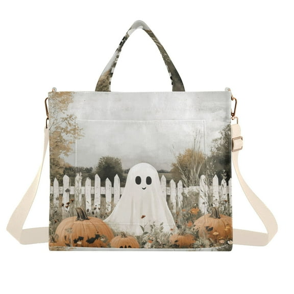 FORMRS Womens Corduroy Tote Bag Crossbody Shoulder Handbag with Pocket, Halloween Pumpkin Field