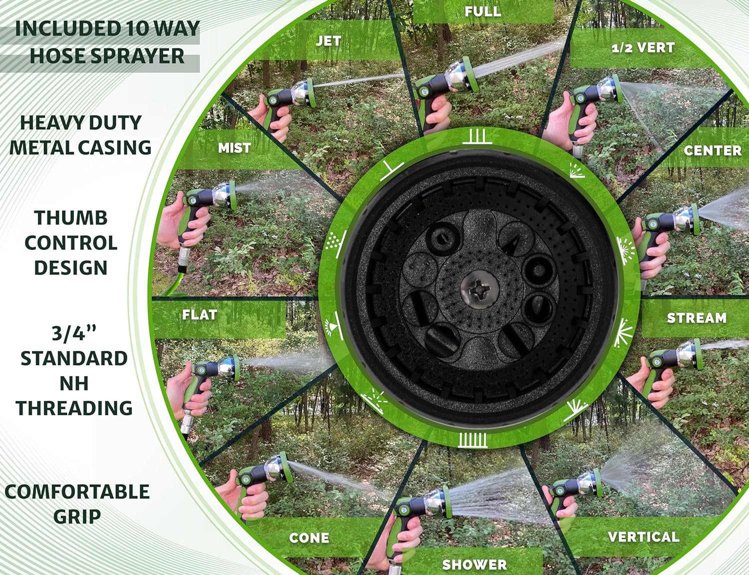 Morvat 50FT Green PU Recoil Garden Hose with on/off Valve & 10-Way Spray Nozzle