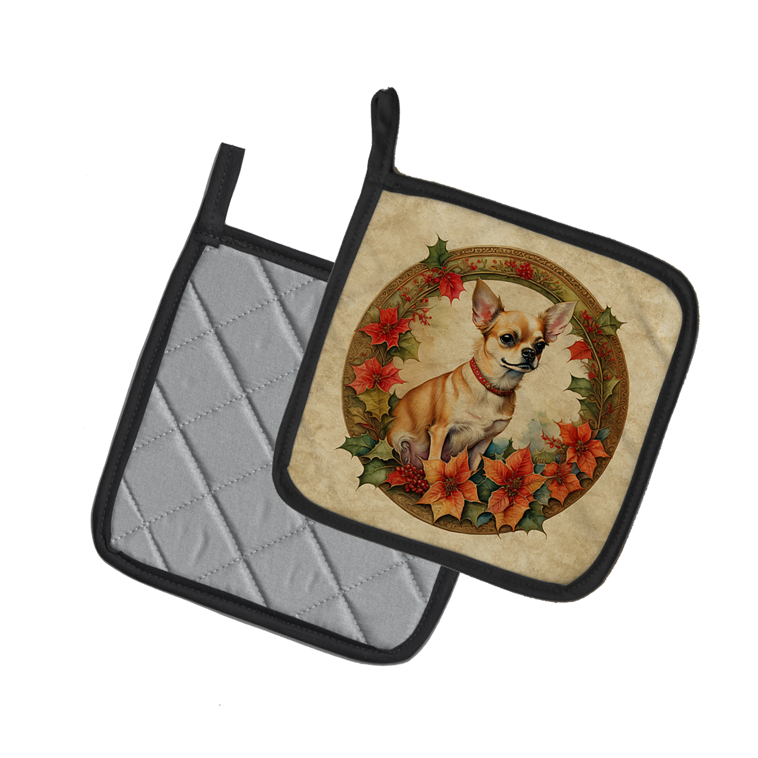 Carolines Treasures DAC2341PTHD 7.5 x 7.5 in. Unisex Chihuahua Christmas Flowers Pair of Pot Holders