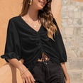 thumbnail image 4 of Blusa fruncida con cordón delantero Linterna Manga 3/4 Gasa Cuello en V Camisa con cordón fruncido Top para mujer, 4 of 8