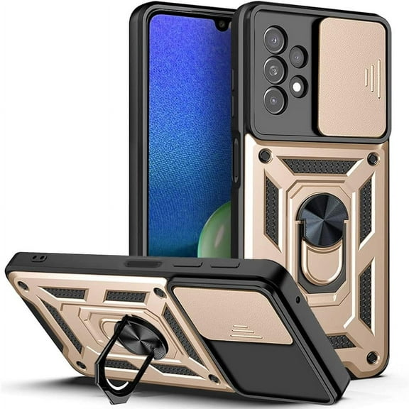 Case for Samsung Galaxy A13 4G (Not 5G) with Slide Camera Cover, Heavy Duty Military Grade Protection Phone Case Built-in 360° Rotate Ring Stand for Samsung Galaxy A13 4G SJ Gold