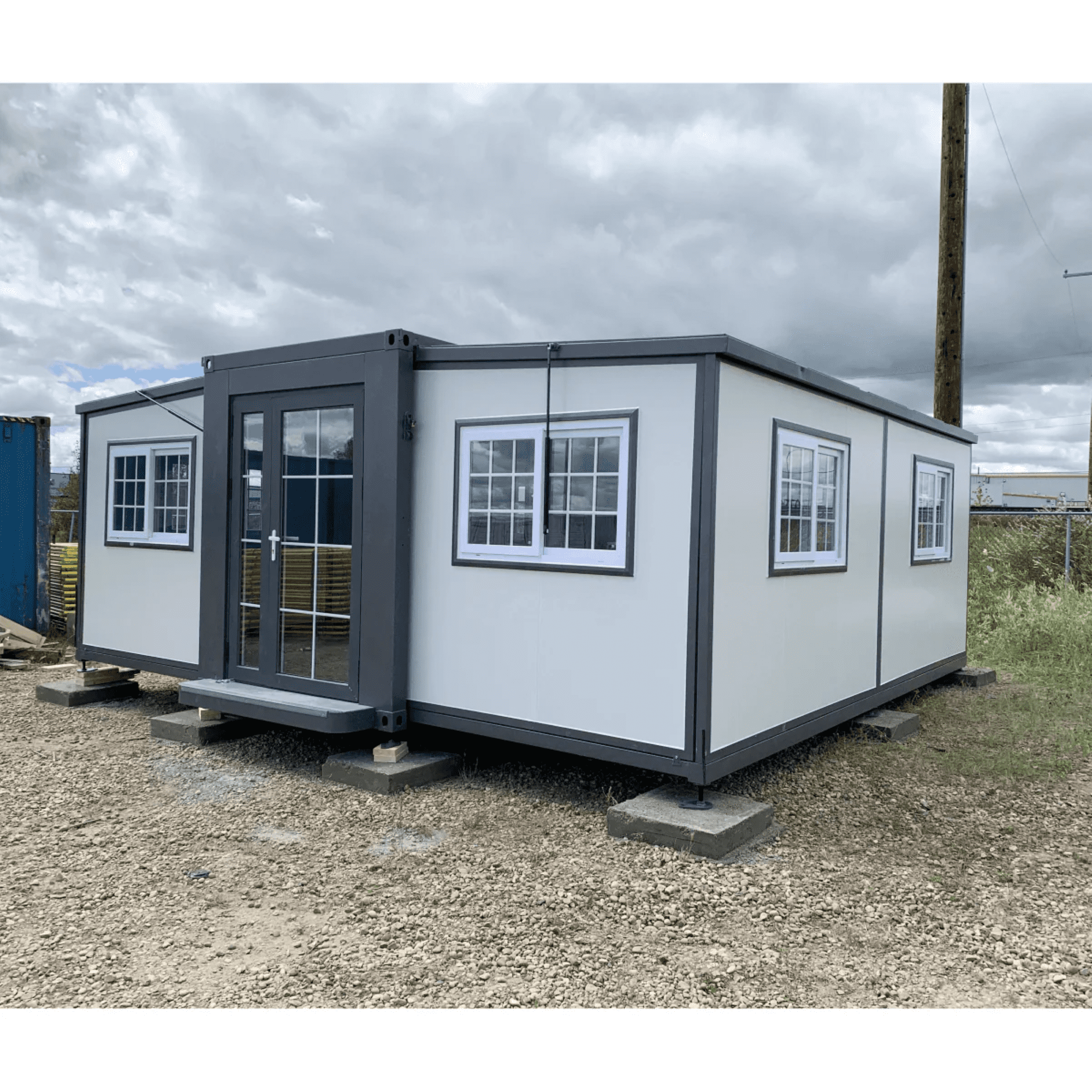 DuraYu 19x20ft Expandable Prefab Tiny Home, Steel Frame Foldable Modular Cabin with L-Shaped Cabinet, Portable ADU House for Backyard Office, Mobile Living