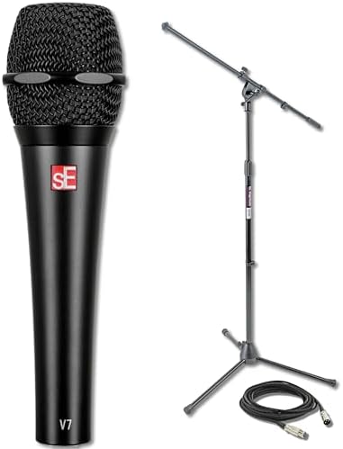 sE Electronics V7 (Black) Supercardioid Dynamic Handheld Vocal Microphone with Tripod Microphone Stand and XLR Cable$$Music
