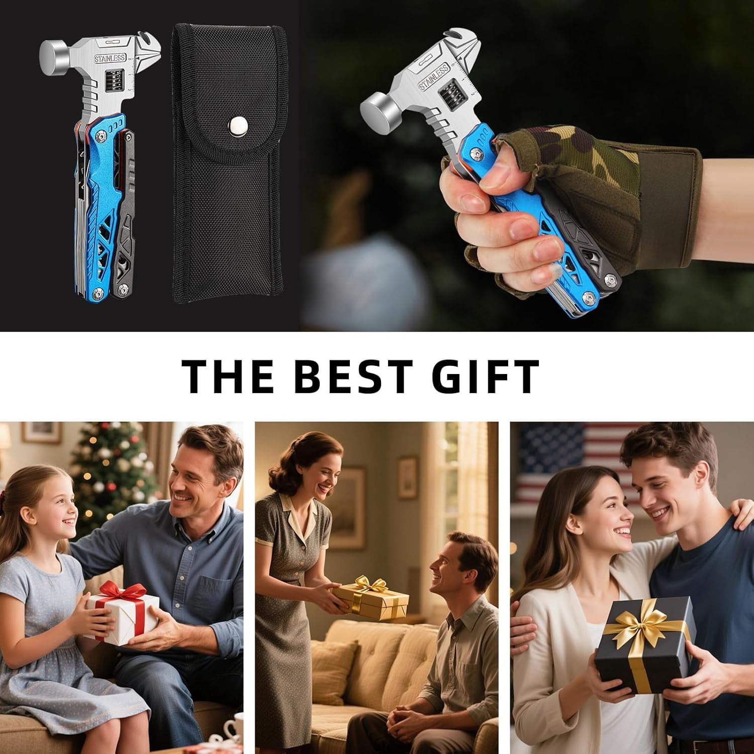 Outdoor Camping Multi-Function Wrench Hammer Emergency Car Combination Tool Hammer Stainless Steel Folding Nail Extractor Hammer & Pliers The perfect gift for men