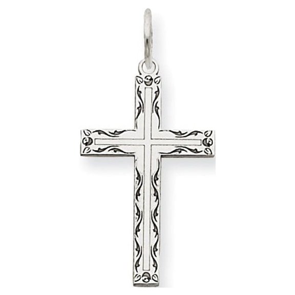 14K White Gold Charm Pendant Themed 23 mm 11 Laser Designed Cross