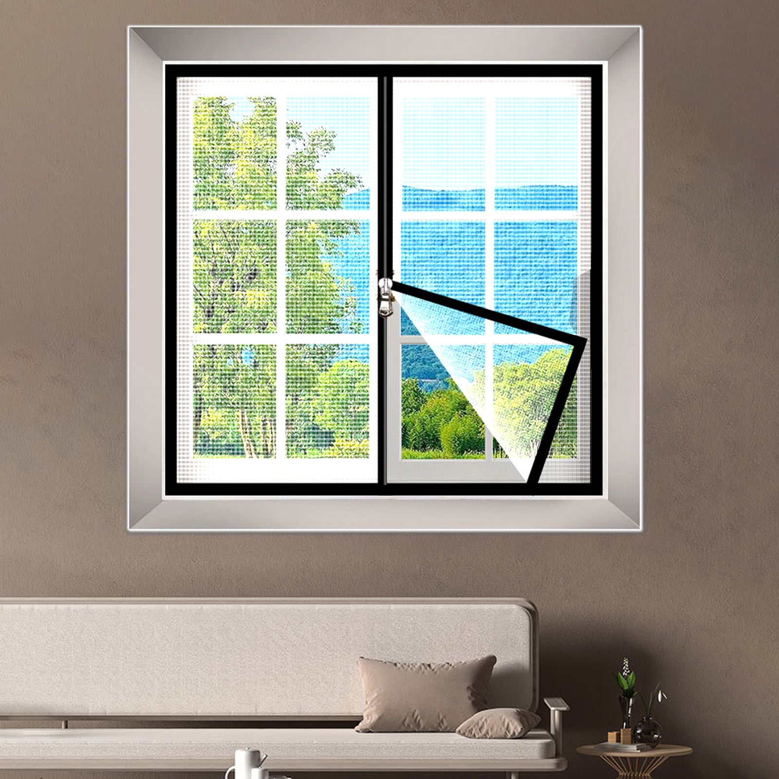yulier Window Screen with Zipper, Adjustable Self-Adhesive Screen for House Window, Stainless Steel Wire Fine Mesh Insect Fly Screen, Black Frames White Mesh, 39x47 Inches