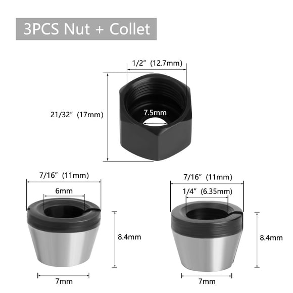 LAVIE 3-Piece Carbon Steel Chamfer Machine Chuck Adapter Set - 6mm & 6.35mm Nuts for Woodworking Router Tools, Precision-Fit Conversion Sleeves with Easy Installation for Durable Woodworking Projects