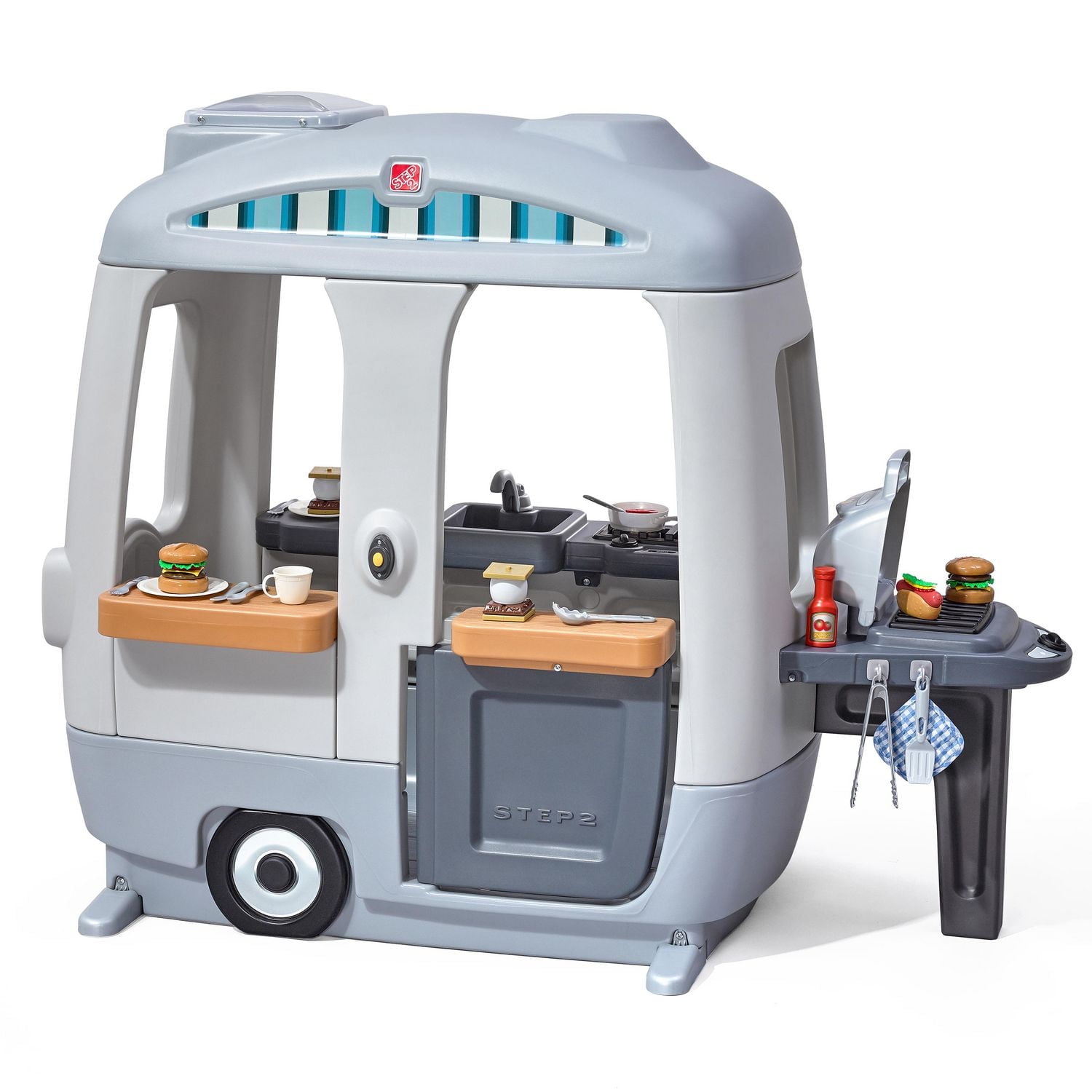 Step2 Adventure Camper Maison de Jeu pour Enfants, Aire de Jeu Intérieure/Extérieure avec Kitchenette, Sons Interactifs de Sonnette, 52 Accessoires de Jeu, Plastique Durable, Pour Tout-Petits de 2 Ans