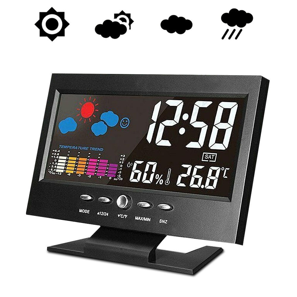 Digital Display Thermometer humidity clock Colorful LCD Alarm Calendar Weather 